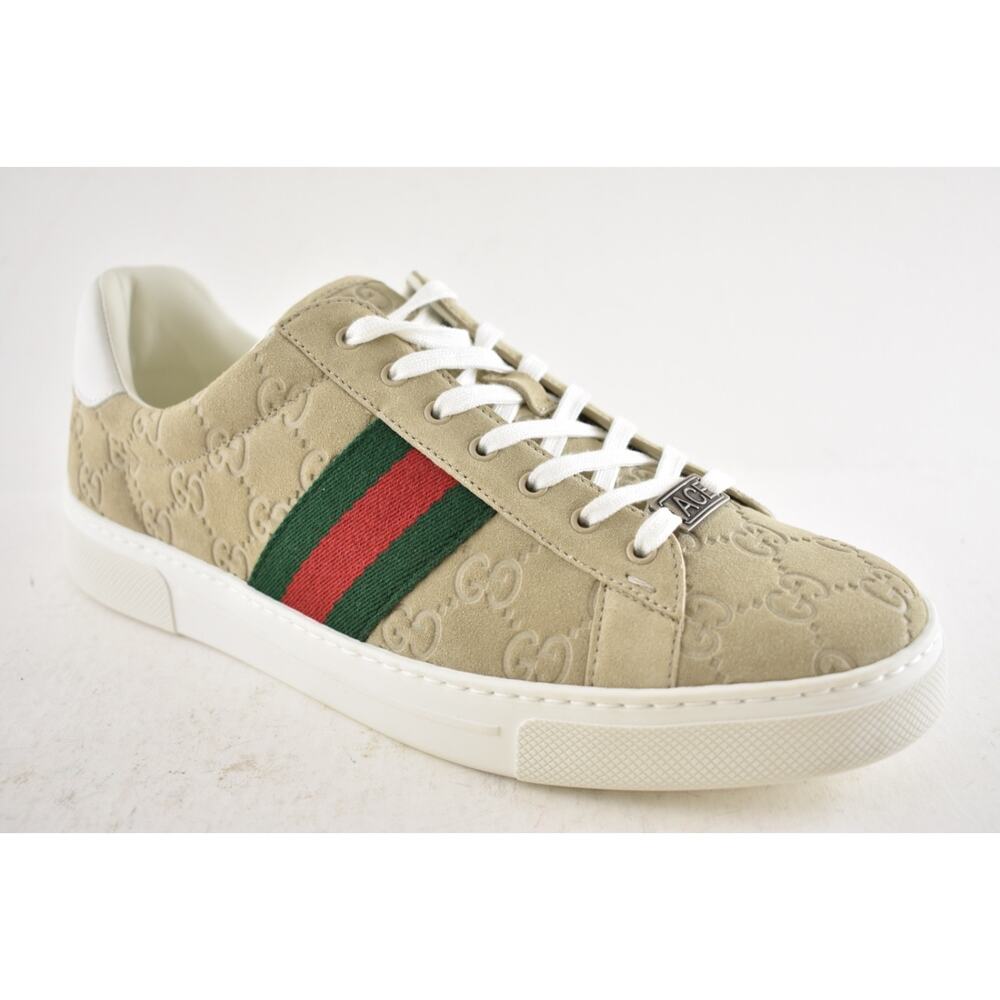 Gucci Ace Web GG Logo Oatmeal Beige Suede Flat Low Top Trainer Sneakers 41 - Picture 5 of 16